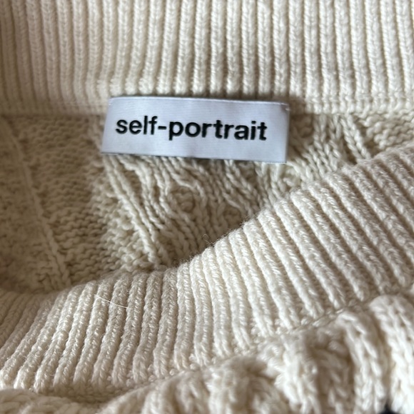 Self-Portrait Ivory Cable Knit One Shoulder Cotton Sweater with Lace Trim - Picture 5 of 5